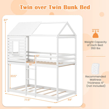 Goflame White Wood Bunk Bed Twin Over Twin with Ladder and Guardrail