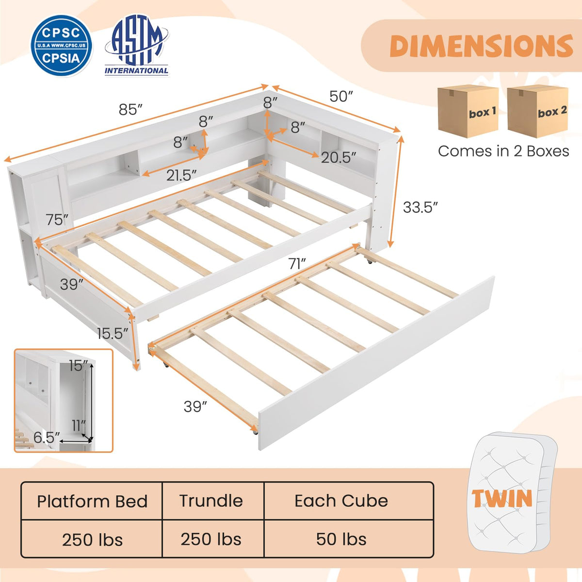 Goflame Twin Daybed with Trundle, Wood Twin Bed Frames with Storage Headboard, Reversible Bookcase
