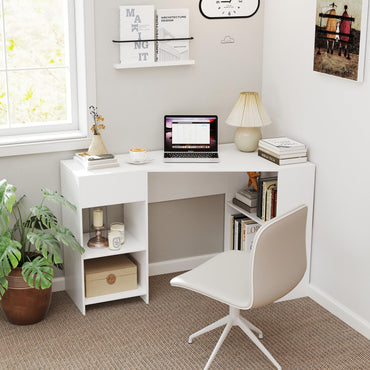 Goflame White Desk with Drawer 48 Inch Corner Desk