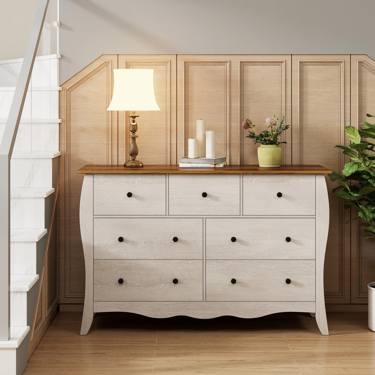 Goflame Storage Cabinet with Foldable & Detachable Fabric Drawers, Anti-Tipping Kit, 47” x 15” x 30.5” Farmhouse Floor Cabinet