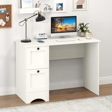 Goflame White Desk with 2 Drawers, 43” Wooden Home Office Desk with Charging Station
