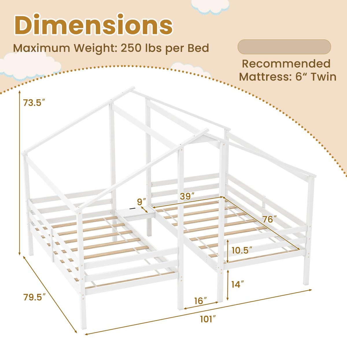 Goflame Double Twin Bed Frames for Kids, Wood House Shaped Platform with Built-in Nightstand & USB Port