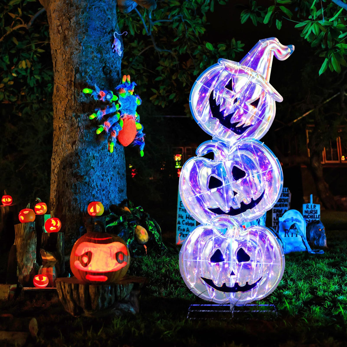 Goflame 3.4 Ft Halloween Decorations, Light up Stacked Pumpkins with 150 LED Lights