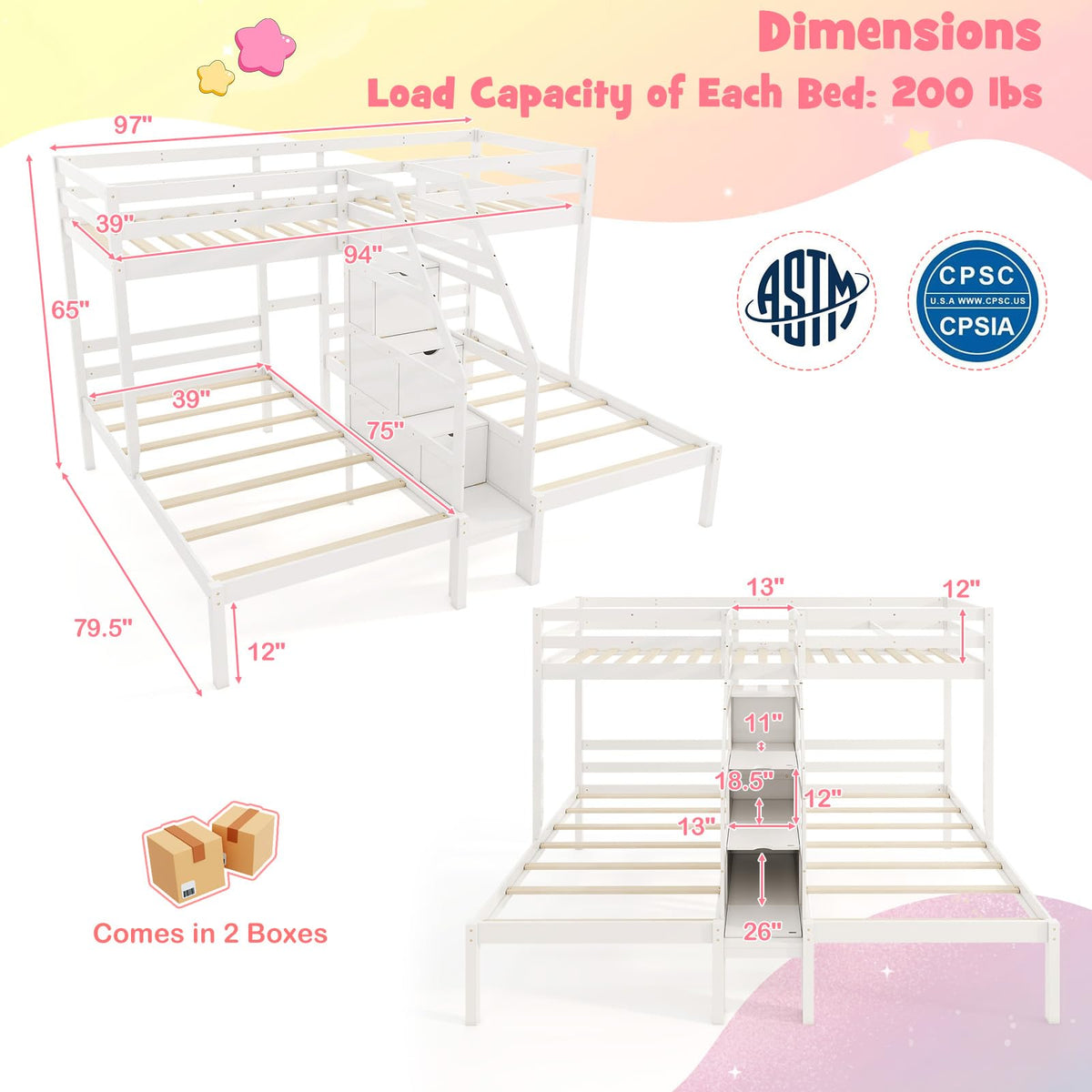 Goflame Twin Over Twin & Twin Bunk Bed, Triple Bunk Beds with 4-Step Storage Stair, Wooden 3 Bunk Beds for Kids Teens