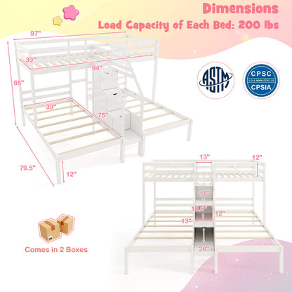 Goflame Twin Over Twin & Twin Bunk Bed, Triple Bunk Beds with 4-Step Storage Stair, Wooden 3 Bunk Beds for Kids Teens