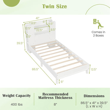 Goflame Twin Bed Frames for Kids, Wooden Twin Size Bed with Storage Bookcase Headboard
