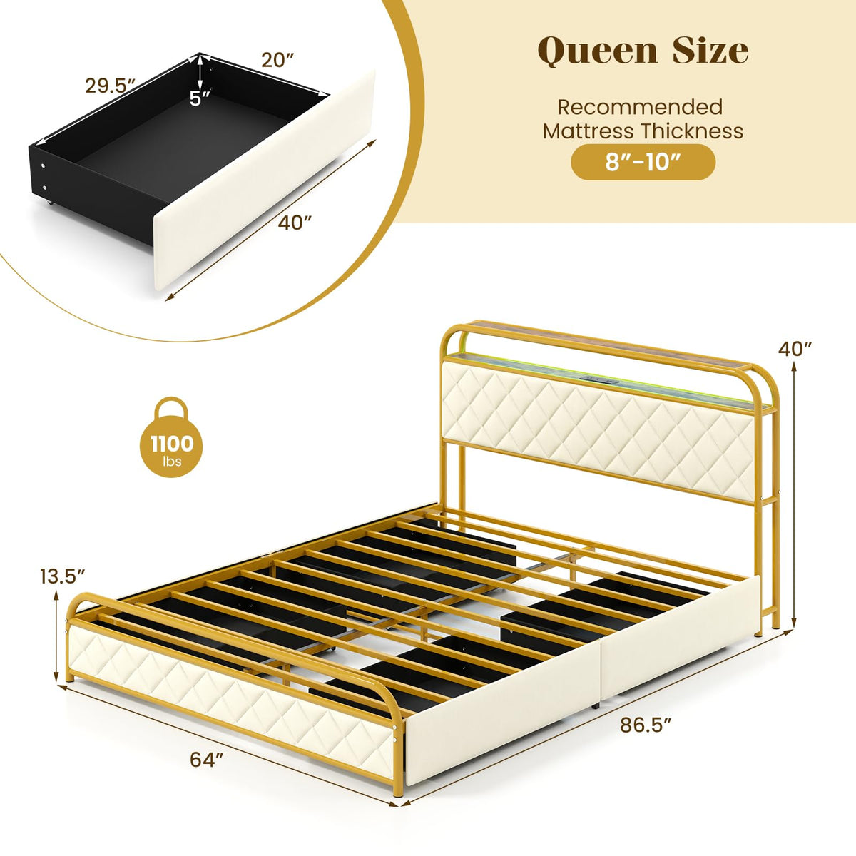 Goflame Queen/Full/Twin Size Bed Frame with 4 Storage Drawers and Charging Station