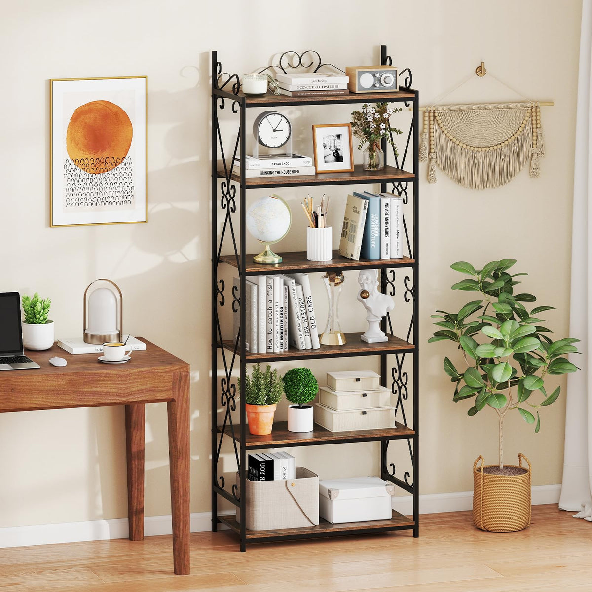 Goflame 6-Tier Bookshelf Industrial Bookcase with 2 Anti-Tipping Kits and Metal Frame