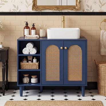 Goflame 36" Bathroom Under Sink Storage Cabinet with 2 Rattan Doors