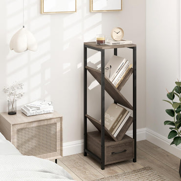 Goflame Tree Bookshelf with Drawer, 4-Tier Narrow Bookcase with Metal Frame, Tall Floor Standing Storage Organizer for Small Space