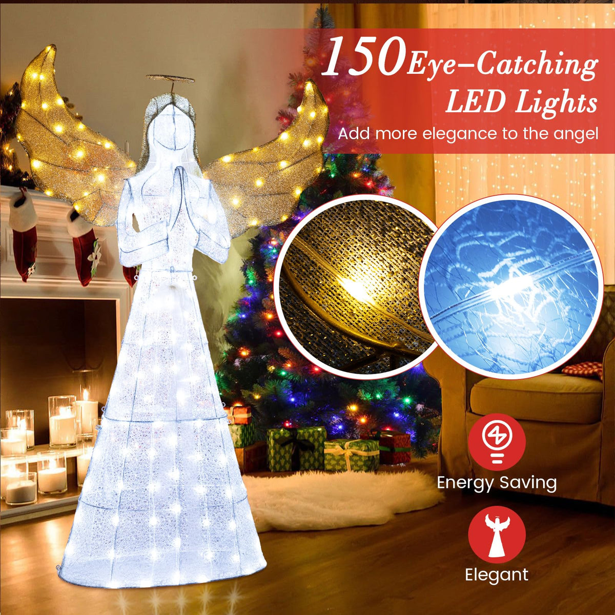 Goflame 5 FT Christmas Pre-Lit Angel, Yard Lighted-up Festive Angel w/Halo