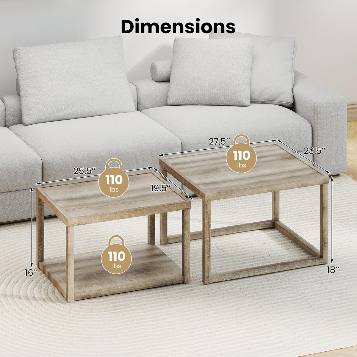 Goflame Nesting Coffee Tables Set of 2 with Storage Shelf Rubber Wood