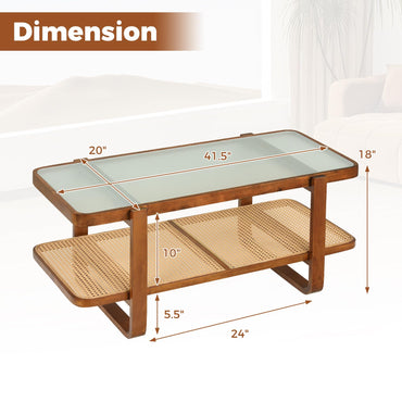 Goflame Rattan Coffee Table | 41.5" Farmhouse Center Table with Storage & Frosted Tempered Glass