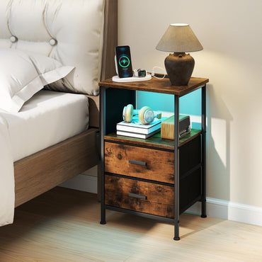 Goflame Night Stand with Charging Station | LED Sofa End Table w/2 Folding Fabric Drawers