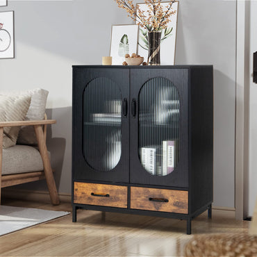 Goflame Buffet Cabinet with 2 Drawers, Wooden Sideboard, Standing 2-Tier Cupboard (Black & Brown)