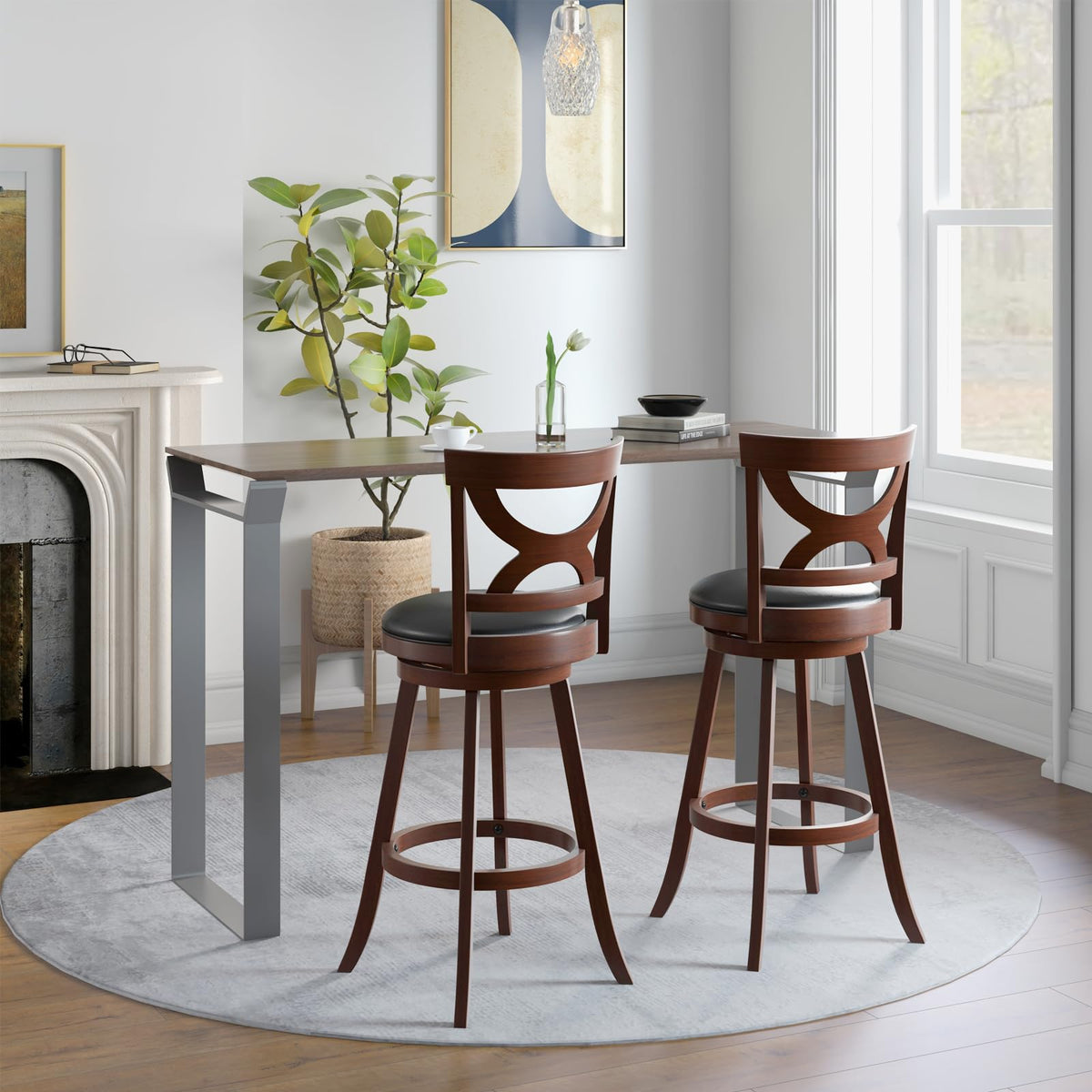 Goflame Bar Stools Set of 2, 30.5" Counter Height Bar Dining Chairs with Back & Footrest, Rubber Wood Frame