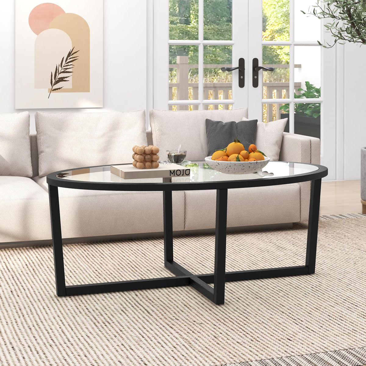 Goflame Glass Coffee Table, 46.5" Oval Accent Sofa Tea Table with Tempered Glass Top, Cross Base & Acacia Wood Legs
