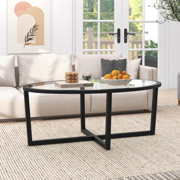 Goflame Glass Coffee Table, 46.5" Oval Accent Sofa Tea Table with Tempered Glass Top, Cross Base & Acacia Wood Legs