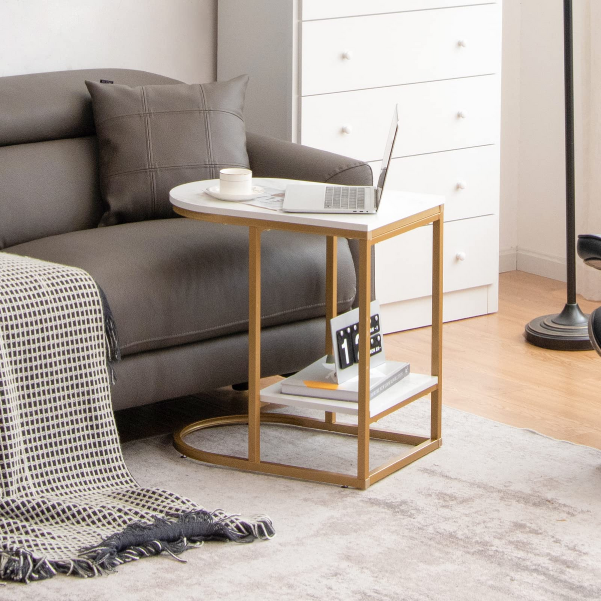 Goflame Side Table, 2-Tier C-Shaped End Table
