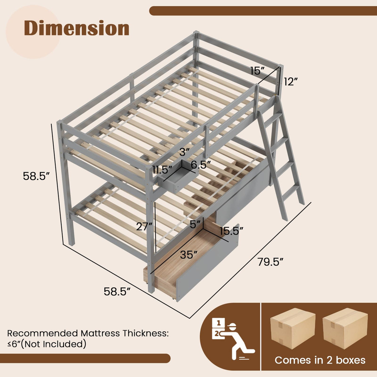 Goflame Bunk Bed Twin Over Twin with 2 Storage Drawers