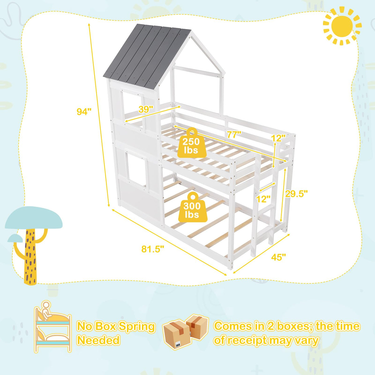 Goflame House Bunk Bed Twin Over Twin, Solid Wood Floor Bunk Bed with Built in Ladder, Window & Safety Guardrail