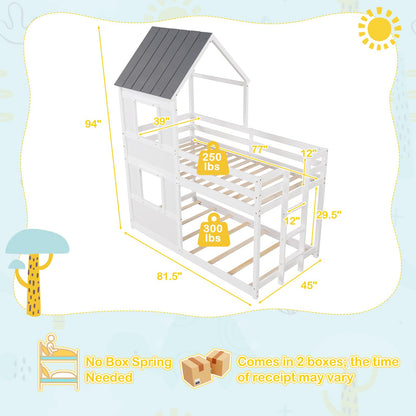 Goflame House Bunk Bed Twin Over Twin, Solid Wood Floor Bunk Bed with Built in Ladder, Window & Safety Guardrail