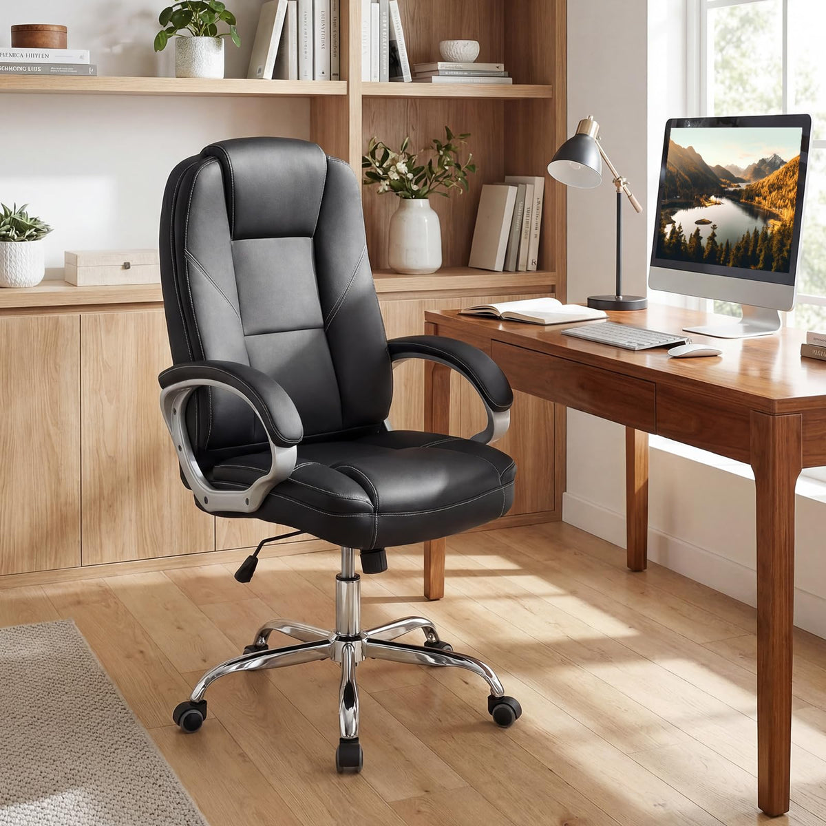 Goflame Leather Office Chair with Padded Armrests & Rocking Backrest