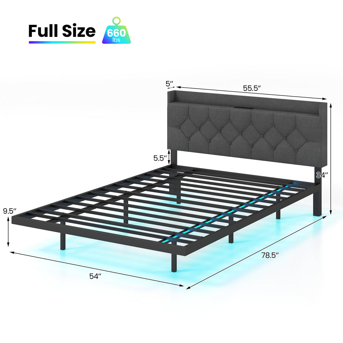 Goflame Queen/Full Size Floating Bed Frame with LED Lights, Modern Platform Bed with Adjustable Upholstered Headboard & Charging Station