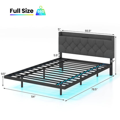 Goflame Queen/Full Size Floating Bed Frame with LED Lights, Modern Platform Bed with Adjustable Upholstered Headboard & Charging Station