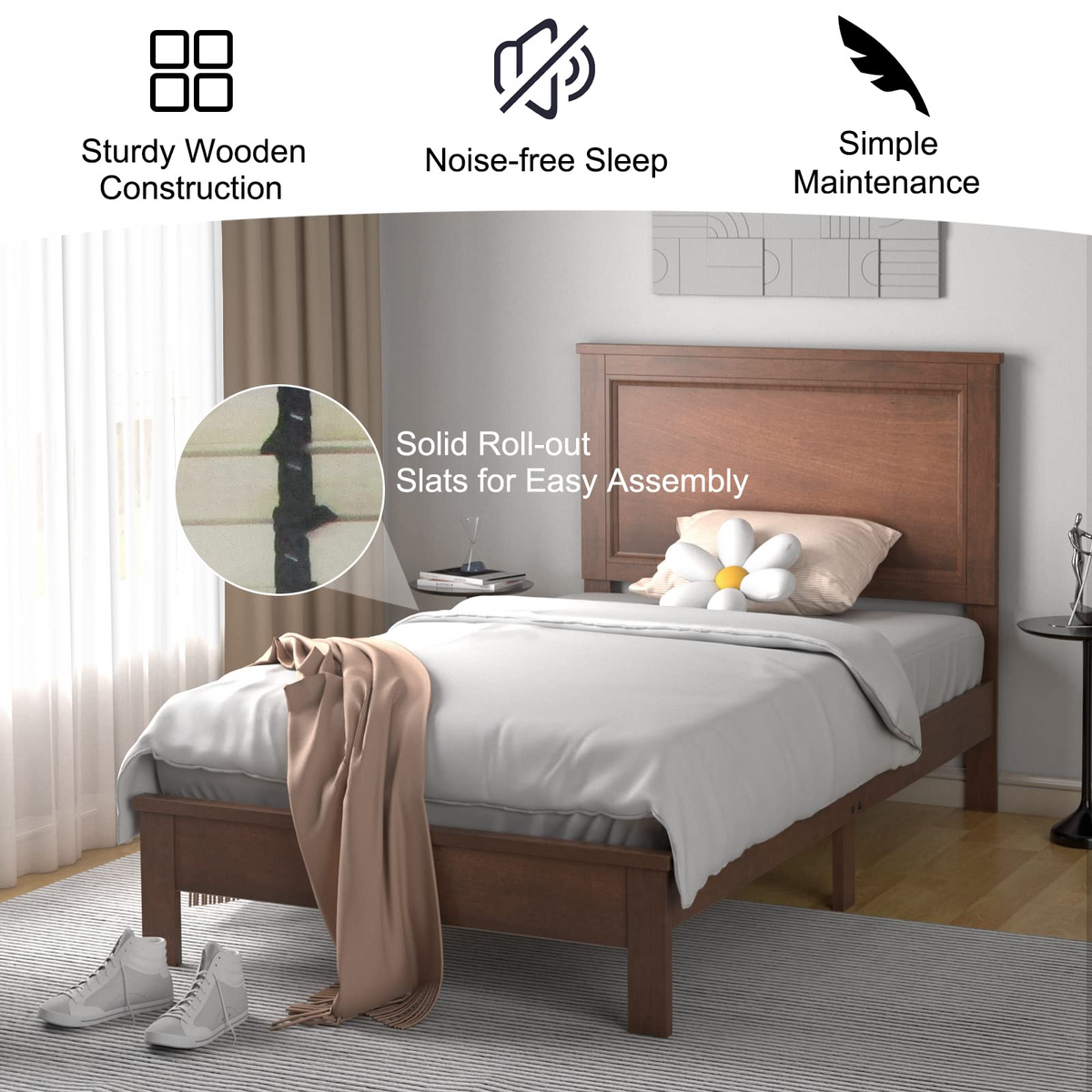 Queen/Full/Twin Size Platform Bed w/ Rubber Wood Legs & Integrated Headboard | Wooden Bed Frame