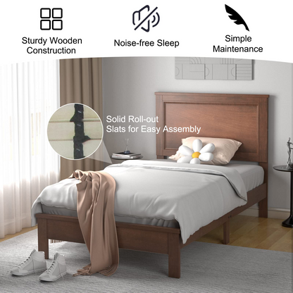 Queen/Full/Twin Size Platform Bed w/ Rubber Wood Legs & Integrated Headboard | Wooden Bed Frame