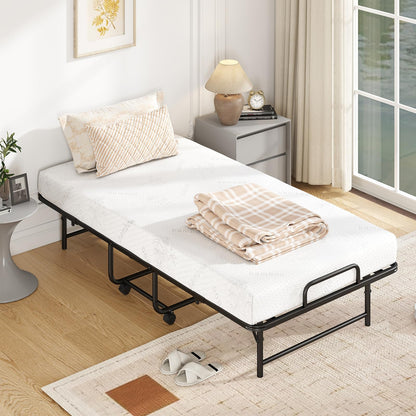 Goflame Twin Folding Bed Frame with 5 Inch Mattress, Portable Rollaway Guest Bed, 75" x 38"