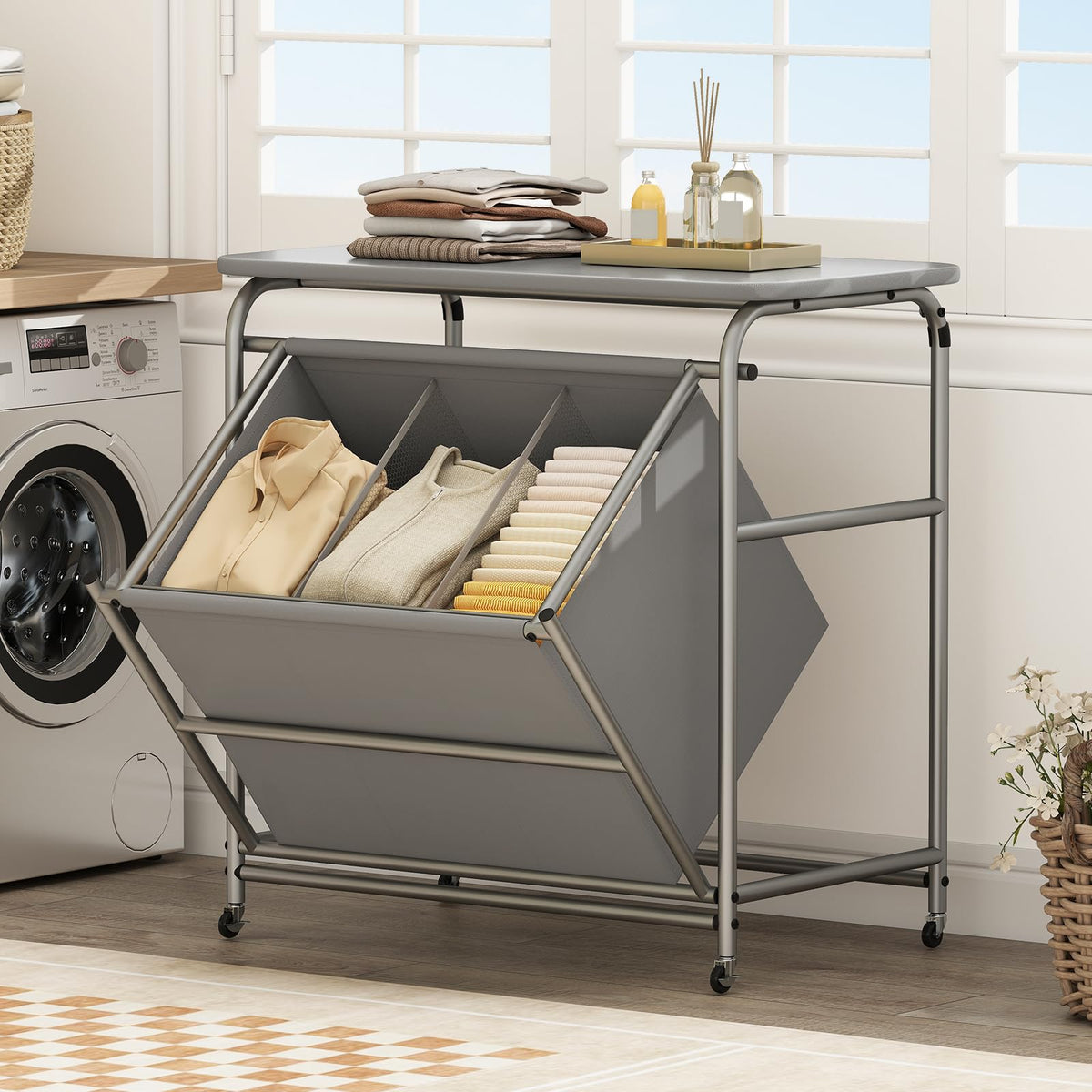 Goflame Laundry Sorter with Foldable Ironing Board 3 Section Tilt Out Laundry Hamper with Removable Bags
