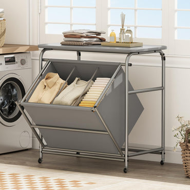 Goflame Laundry Sorter with Foldable Ironing Board 3 Section Tilt Out Laundry Hamper with Removable Bags