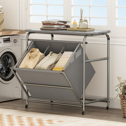 Goflame Laundry Sorter with Foldable Ironing Board 3 Section Tilt Out Laundry Hamper with Removable Bags