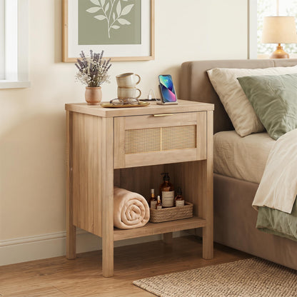 Goflame Rattan Night Stand with Drawer and Open Shelf (1/2)