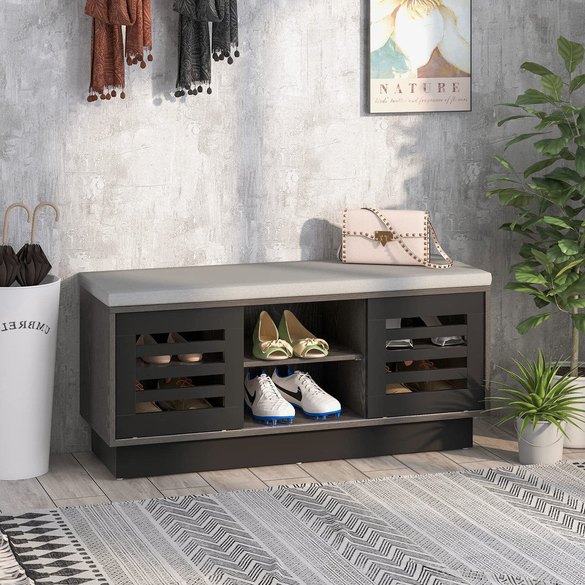 Goflame Entryway Shoe Storage Bench - Shoe Rack w/Seat Cushion & 6 Storage Compartments