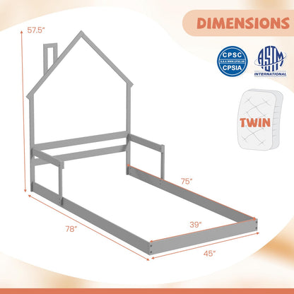 Goflame Twin Floor Bed for Kids, Wood Montessori Floor Bed with Chimney Headboard & Handrail