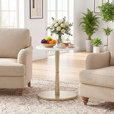 Goflame Round Marble Side Table w/Stone Finish & Wooden Pedestal (1/2)