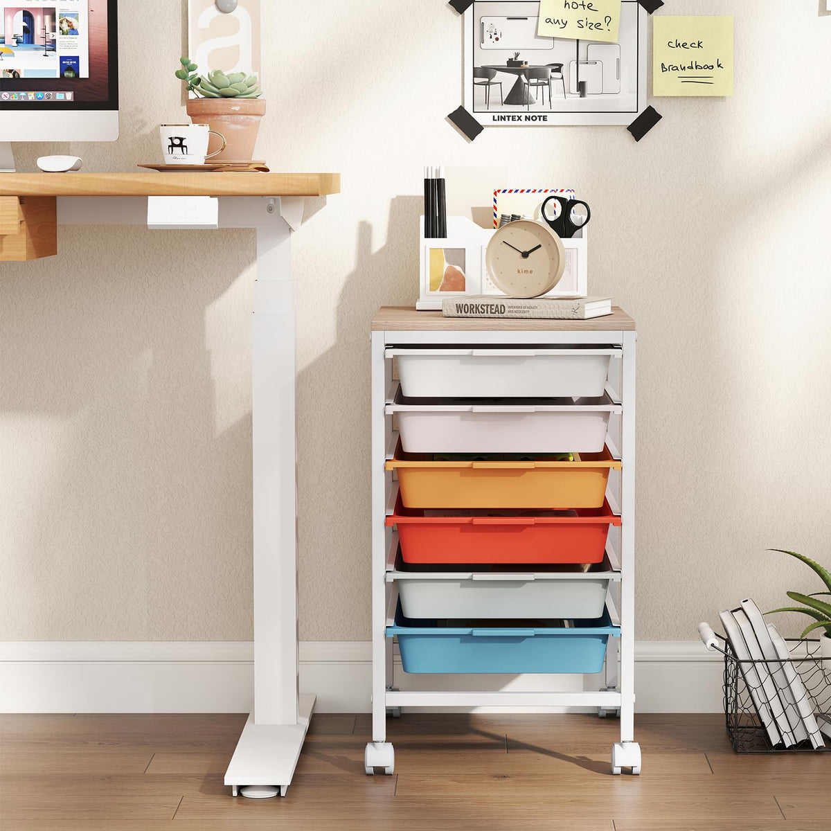 Goflame 6-Drawer Rolling Storage Cart with Wooden Tabletop