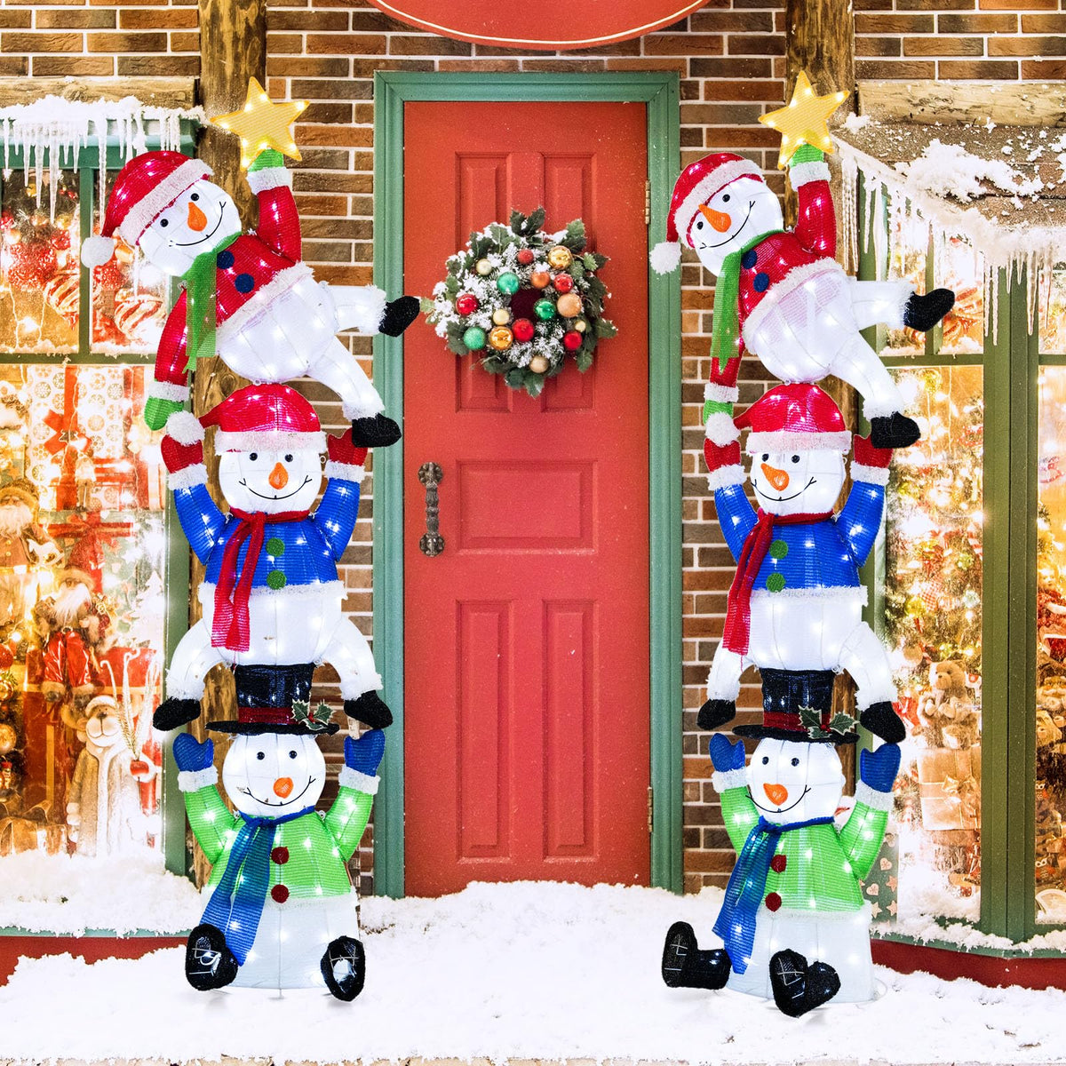 Goflame 6 ft Christmas Stacked Snowman, 3D Pre-Lit Snowman Decoration w/ 155 LED Lights