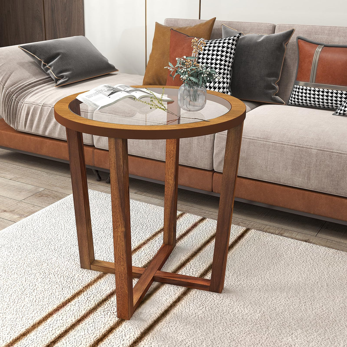Goflame Glass Round End Table, Sofa Side Table with Transparent Tempered Glass Top