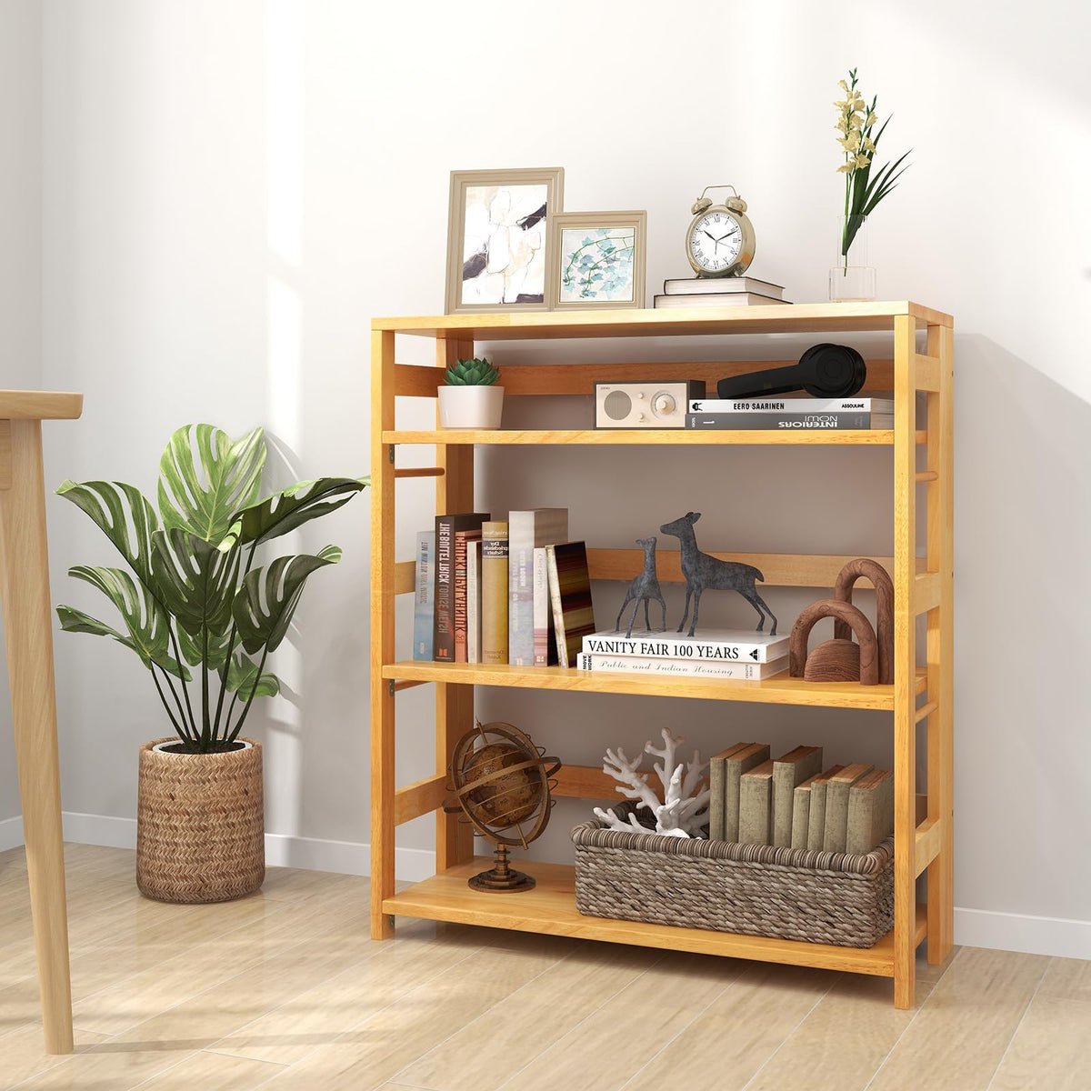 Goflame 4-Tier Bookshelf, 34.5" Floor Storage Shelf w/Rubber Wood Frame, Anti-Toppling Kits, Side Fences