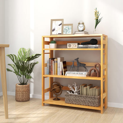 Goflame 4-Tier Bookshelf, 34.5" Floor Storage Shelf w/Rubber Wood Frame, Anti-Toppling Kits, Side Fences