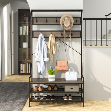 Goflame Freestanding Hall Tree with Shoe Storage Rack and 11 Hanging Hooks