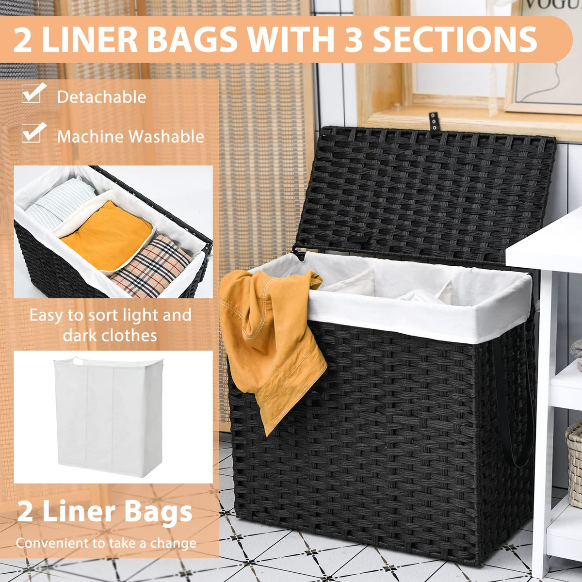 Goflame Laundry Hamper w/Wheels, 3 Section Hamper 125L w/2 Removable Liner Bags