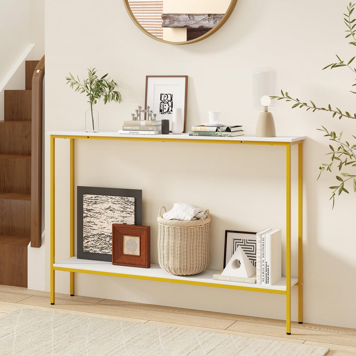 Goflame Gold Console Table with Shelf, 44" Narrow Entryway Table w/Dual Anti-Tipping Kits & Golden Metal Frame