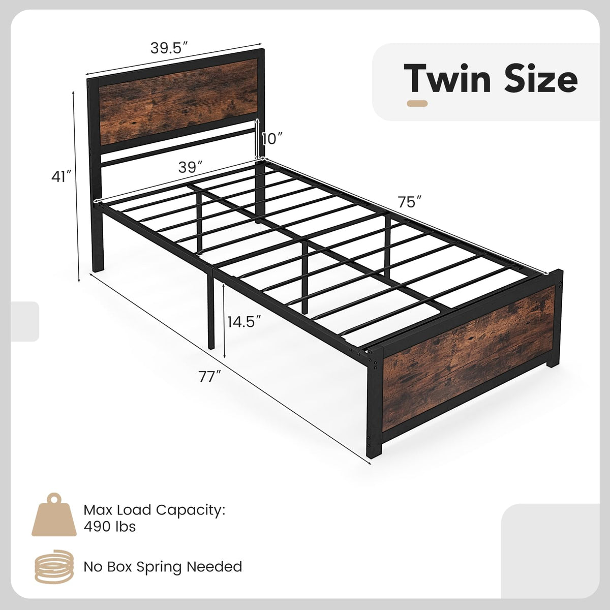 Goflame Twin Bed Frames for Kids, Industrial Metal Platform Bed with Headboard