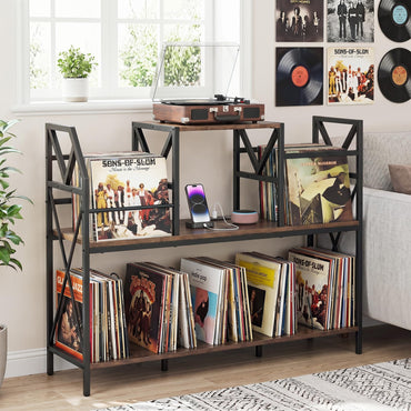 Goflame Large Record Player Stand with Charging Station & Dividers for Albums