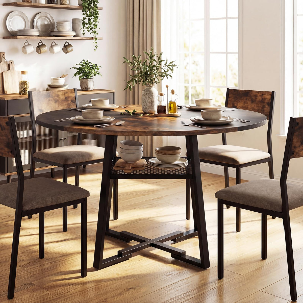 Goflame Round Dining Table for 4-6 | 47.5" Circle Kitchen Table with Storage Shelf